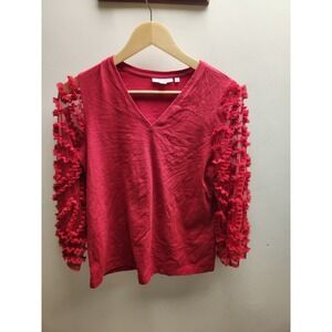 Chicos Red V Neck Beaded Tassel Sleeve Shirt Womens S